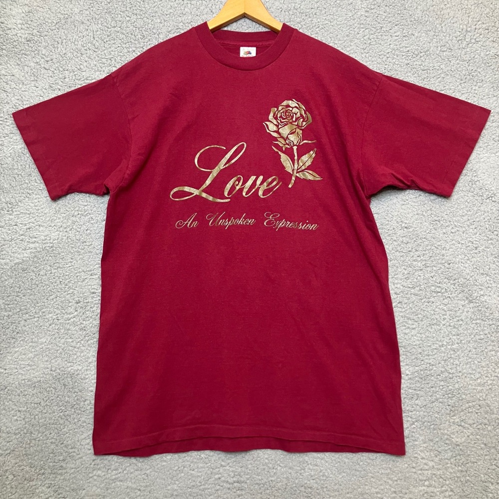 VTG Fruit of the Loom Tee Single Stitch Men XL Red Gold Short Sleeve Love Rose